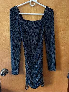 Square Neck Long-Sleeve Ruched Midi Dress in greenish blue